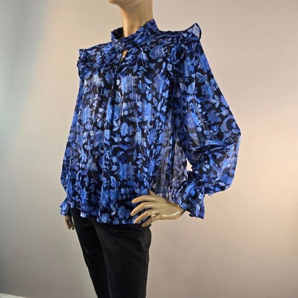 French Connection Cynthia Fauna Midnight Blue Blouse Womens Sz 8 Floral LS - Picture 2 of 12